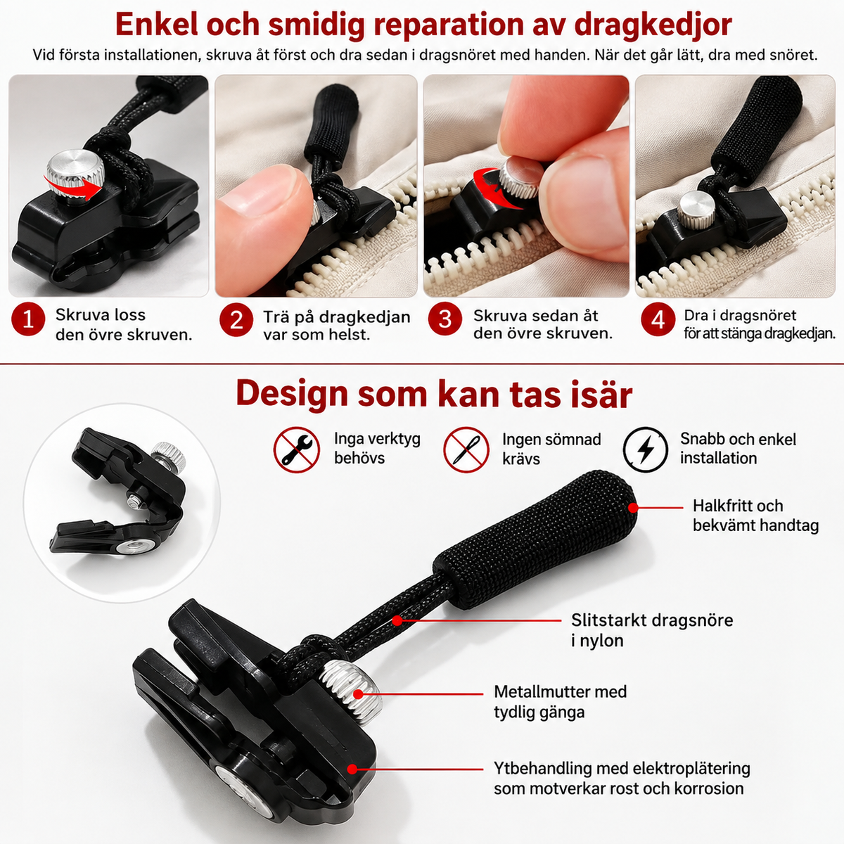 Reparationsset med utbytbara dragkedjelöpare - 3 pack